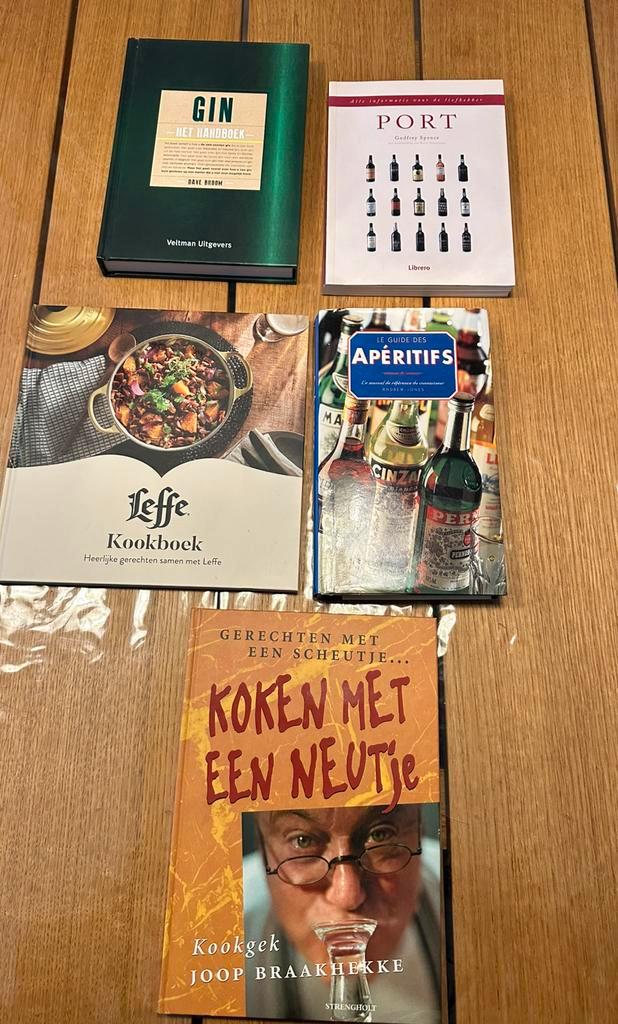 5 kook/drankboeken: gin, port, Leffe, Apéritifs, Braakhekke, Boeken, Kookboeken, Zo goed als nieuw, Overige typen, Nederland en België