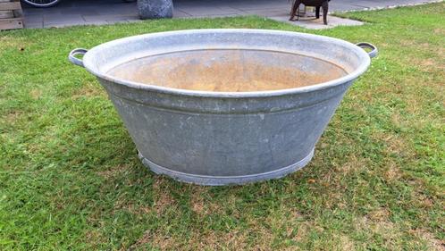 Originele grote retro oude zinken teil vintage, Tuin en Terras, Bloembakken en Plantenbakken, Gebruikt, Metaal, Balkon, Tuin, 30 tot 60 cm