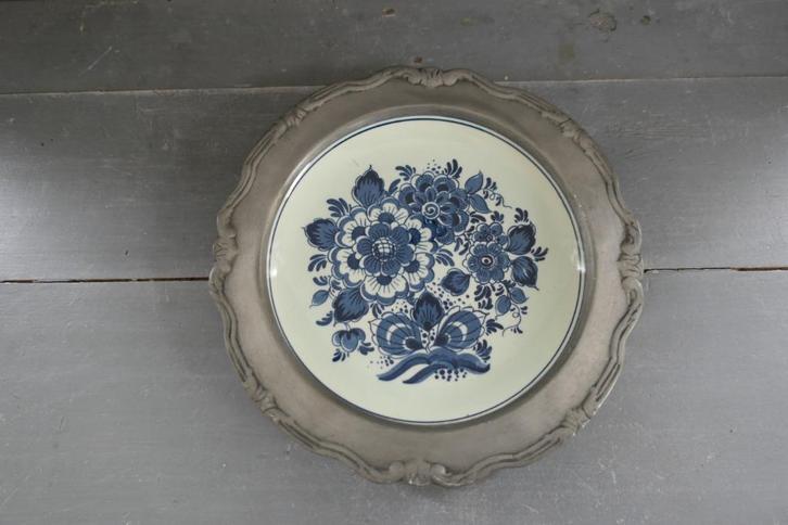 Vintage Distel Delfts Blauw wandbord in tinnen rand, Antiek en Kunst, Antiek | Wandborden en Tegels, Verzenden