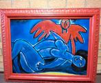 Groot expressief schilderij, stijl van Chagall, rood, blauw, Ophalen