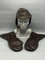 Vintage Lederen Vliegeniersmuts & Handschoenen Set, Antiek en Kunst, Ophalen of Verzenden, Heren
