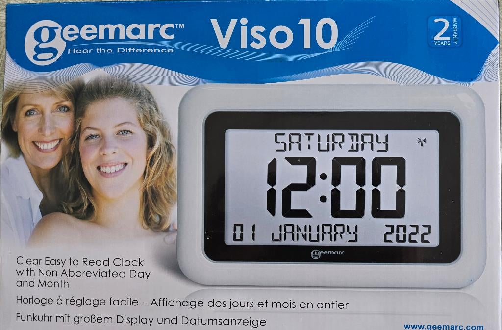Dementieklok Geemarc Visio 10 op batterij kleur wit, Ophalen of Verzenden, Zo goed als nieuw, Digitaal, Wandklok