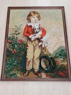 Groot vintage geborduurd schilderij jongetje met hond, Hobby en Vrije tijd, Borduren en Borduurmachines, Gebruikt, Ophalen