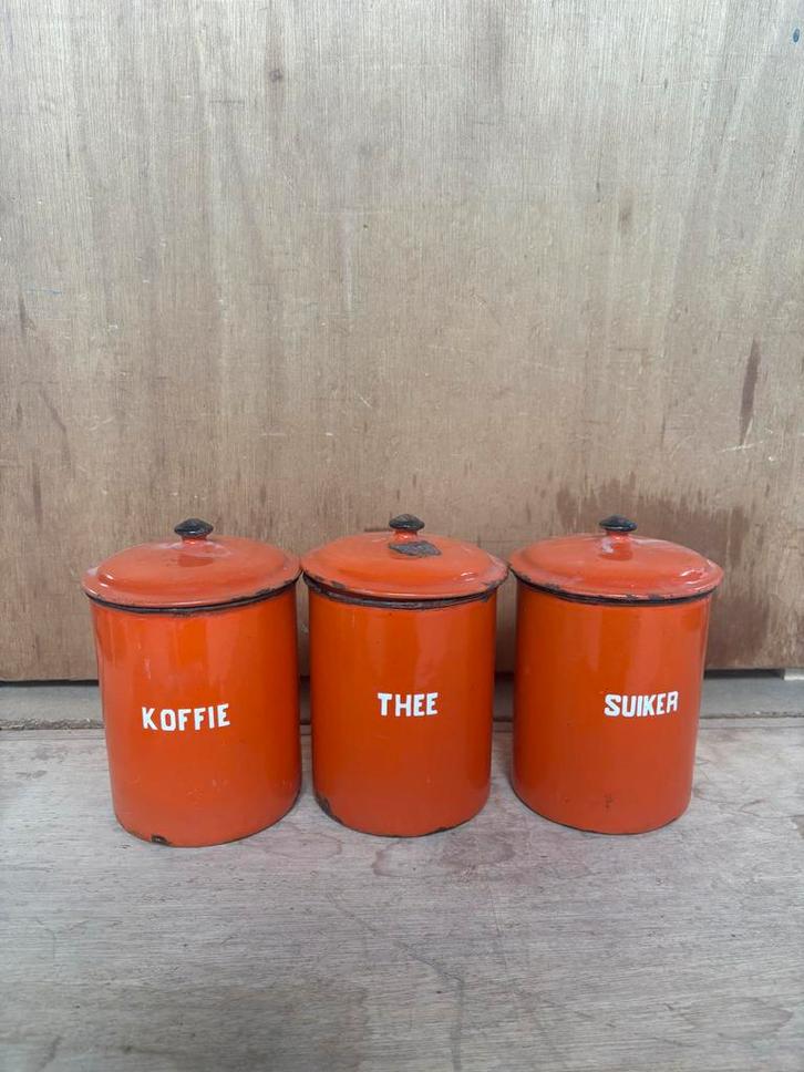 Emaille Voorraadpotten Koffie Thee Suiker Vintage Oranje Roo, Antiek en Kunst, Antiek | Emaille, Ophalen of Verzenden