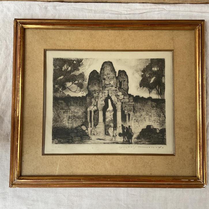 Bladgouden lijst ( bois dore) met ets Zuidoost-Azie, Antiek en Kunst, Kunst | Etsen en Gravures, Ophalen of Verzenden