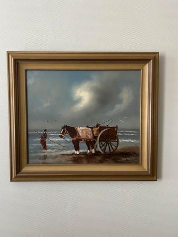MOOI GROOT SCHILDERIJ SCHELPENVISSER AAN ZEE beschikbaar voor biedingen