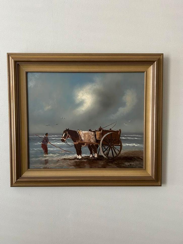 MOOI GROOT SCHILDERIJ SCHELPENVISSER AAN ZEE, Antiek en Kunst, Kunst | Schilderijen | Klassiek, Ophalen