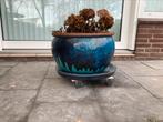 Bloempot aardewerk blauw glazuur met onderschaal, Ophalen, Overige materialen, Rond, Zo goed als nieuw