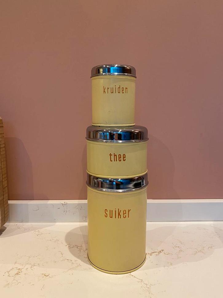 Vintage Brabantia blikken geel - suiker, thee en kruiden, Verzamelen, Blikken, Gebruikt, Overige, Ophalen of Verzenden