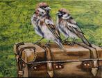 Schilderij musjes op koffer, Antiek en Kunst, Ophalen of Verzenden