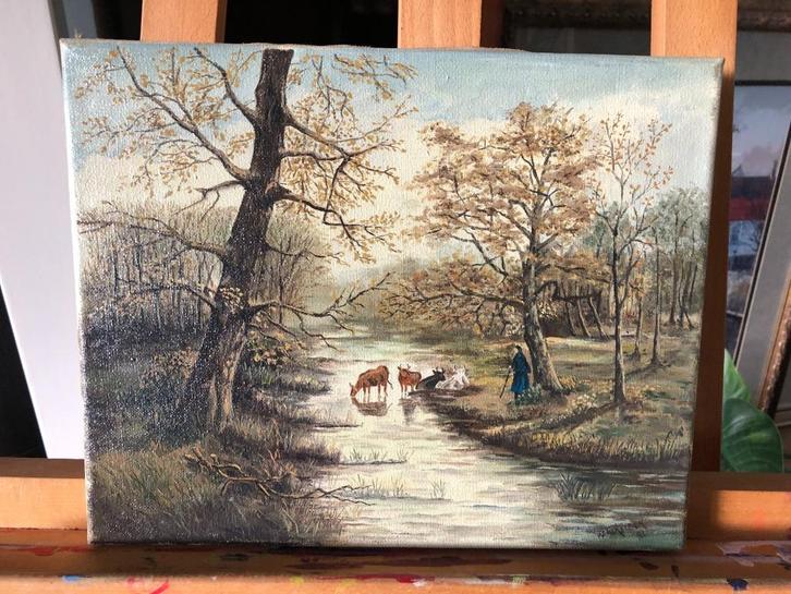 Schilderij – Herder met Koeien bij Bosbeekje, Antiek en Kunst, Kunst | Schilderijen | Klassiek, Ophalen of Verzenden