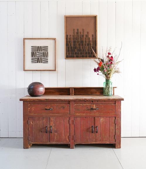 Houten werkbank, Dressoir, Toonbank, Vintage dressoir, Antiek en Kunst, Curiosa en Brocante, Ophalen of Verzenden