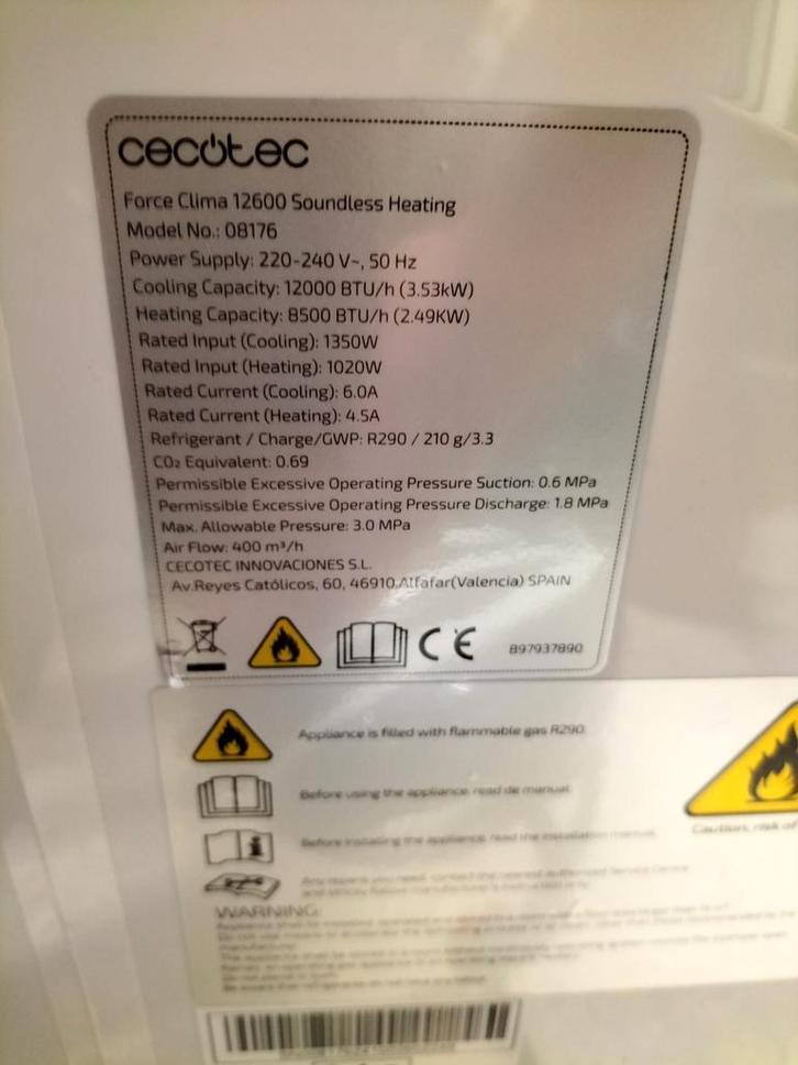 Mobiele Airco Cecotec Force Clima 12600, Witgoed en Apparatuur, Airco's, Zo goed als nieuw, Mobiele airco, 60 tot 100 m³, 3 snelheden of meer