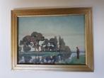 J. Ates, visser bij rivier, olieverf, Antiek en Kunst, Ophalen of Verzenden