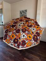 Unieke Vintage '70 Parasol Oranje/Bruine Bloemprint Franje, Tuin en Terras, Parasols, Ophalen of Verzenden, 1 tot 2 meter
