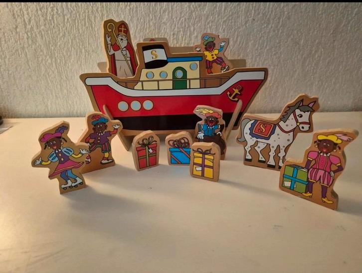 Vintage Sinterklaas – Speelboot & 11 figuren van hardboard ., Kinderen en Baby's, Speelgoed | Educatief en Creatief, Zo goed als nieuw