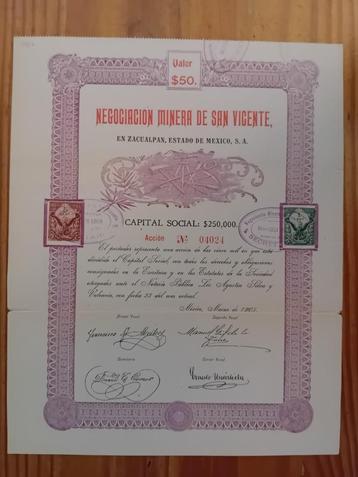 Negociacion Minera de San Vicente - Mexico - 1905 beschikbaar voor biedingen