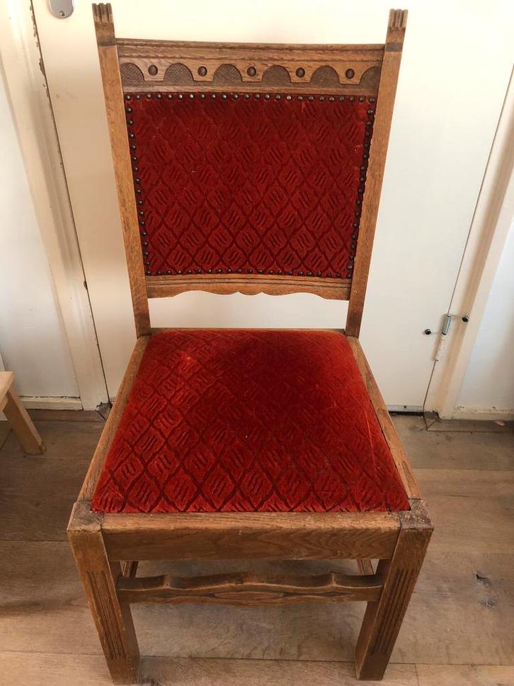Antieke Eiken Eetkamerstoelen met Rode Velours Bekleding (4), Antiek en Kunst, Antiek | Meubels | Stoelen en Banken, Ophalen of Verzenden
