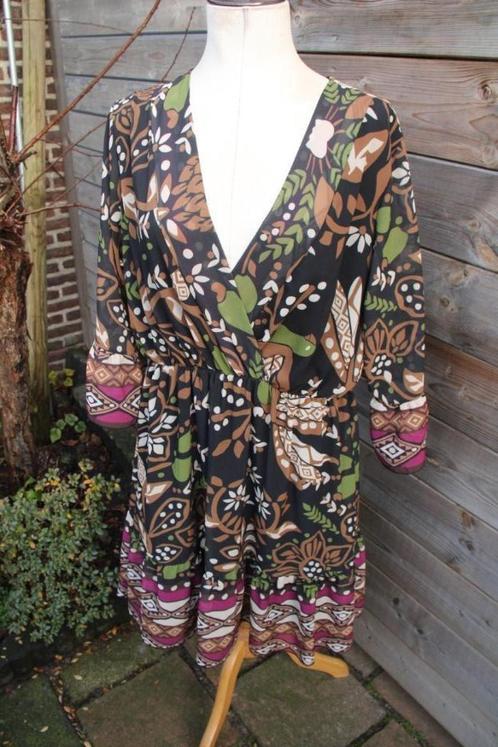 Overslagjurk zwart/ bruin/ fuschia Paprika T5(52) Vaste prij, Kleding | Dames, Jurken, Zo goed als nieuw, Maat 46/48 (XL) of groter