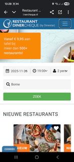 3 x 20 euro (60 totaal) dinercheque codes/bon, Tickets en Kaartjes