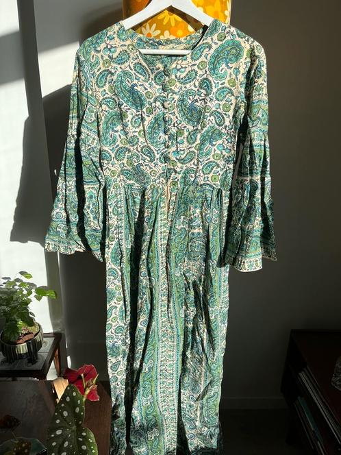 Vintage Indian blockprint jurk, Kleding | Dames, Jurken, Gedragen, Maat 36 (S), Blauw, Onder de knie, Ophalen of Verzenden