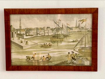 Antieke prent haven Rotterdam, ingelijst. 35 x 24 cm beschikbaar voor biedingen
