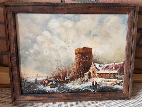Antiek schilderij Wintergezicht in lijst - W.H. Aberson, Antiek en Kunst, Kunst | Schilderijen | Klassiek, Ophalen of Verzenden