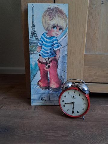 Retro prent plassende jongen Eiffeltoren Parijs 14 bij 38 cm beschikbaar voor biedingen