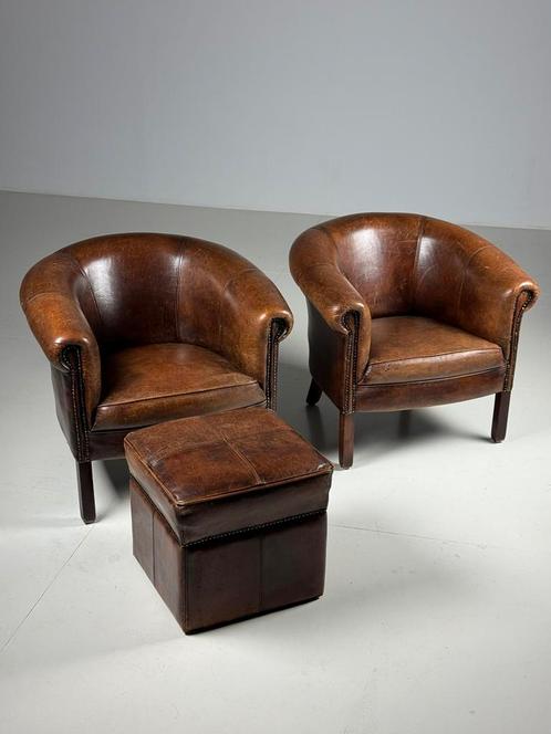 Set van 2 schapenleren clubfauteuils, Huis en Inrichting, Fauteuils, Gebruikt, 75 tot 100 cm, Ophalen