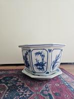 Vintage blauw_wit  bloempot met onderbord, Rond, Ophalen of Verzenden, Zo goed als nieuw, Minder dan 25 cm