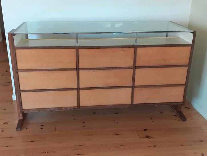 Vintage toonbank, vitrinekast, display, ladekast, Antiek en Kunst, Curiosa en Brocante, Ophalen