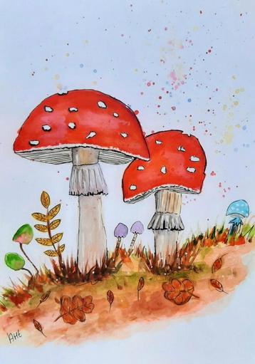 Schilderij Paddestoelen Rood in aquarel herfst tafereel  beschikbaar voor biedingen