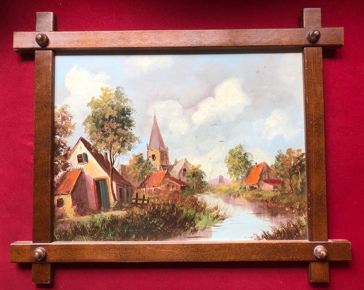 Schilderij dorp aan riviertje met kerk, Antiek en Kunst, Kunst | Schilderijen | Klassiek, Ophalen of Verzenden