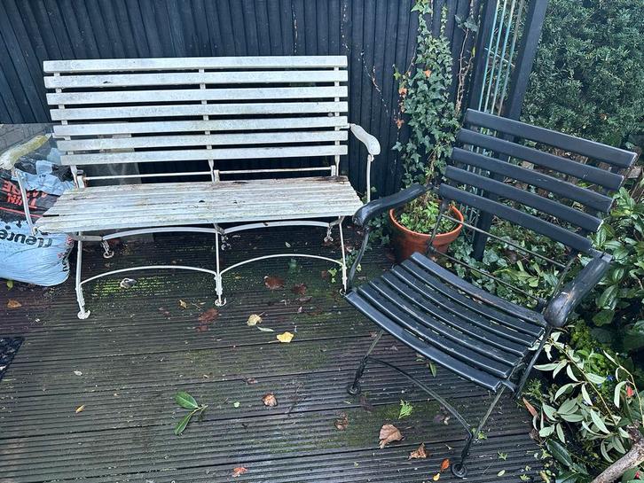 Tuinbank en stoel - Metaal/hout, Tuin en Terras, Tuinstoelen, Gebruikt, Metaal, Ophalen