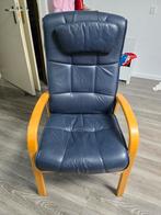 Blauwe leren fauteuil met verstelbare hoofdsteun, Ophalen, Gebruikt, Minder dan 75 cm, Hout
