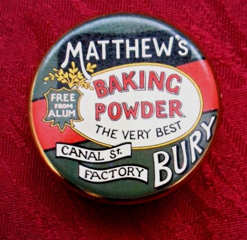 Oud blikje Matthew's baking powder., Verzamelen, Blikken, Zo goed als nieuw, Overige, Overige merken, Ophalen of Verzenden