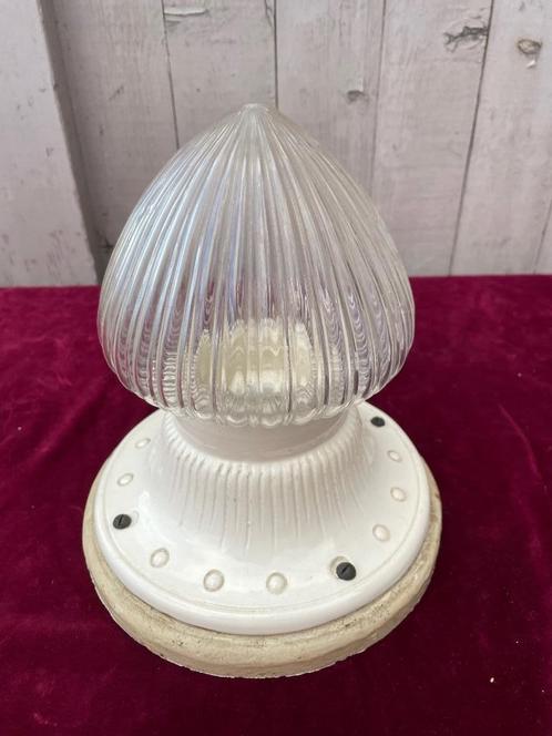 antieke glazen plafonniere met porseleinen houder., Antiek en Kunst, Antiek | Lampen, Ophalen