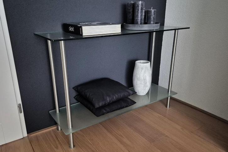 Mooie sidetable glas/rvs, Huis en Inrichting, Tafels | Sidetables, Gebruikt, 25 tot 50 cm, 100 tot 150 cm, Rechthoekig, Glas, Ophalen