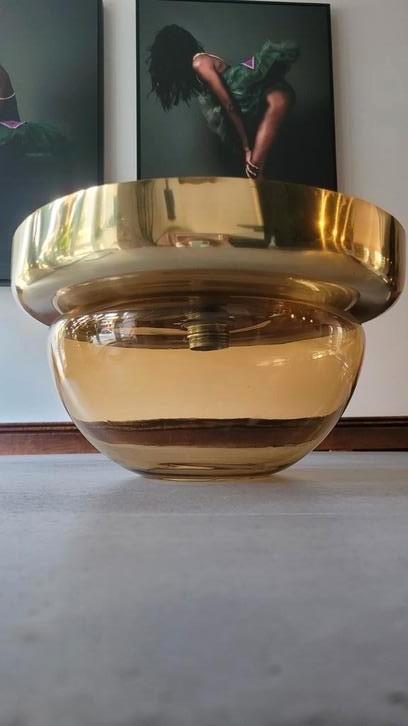 Vintage plafondlamp Dijkstra lamp plafonniere amber bruin, Huis en Inrichting, Lampen | Plafondlampen, Gebruikt, Glas, Ophalen of Verzenden