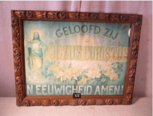 Oude Religieuze Spreuk 'Geloofd Zij Jezus Christus' - 45x36, Antiek en Kunst, Antiek | Religie, Verzenden