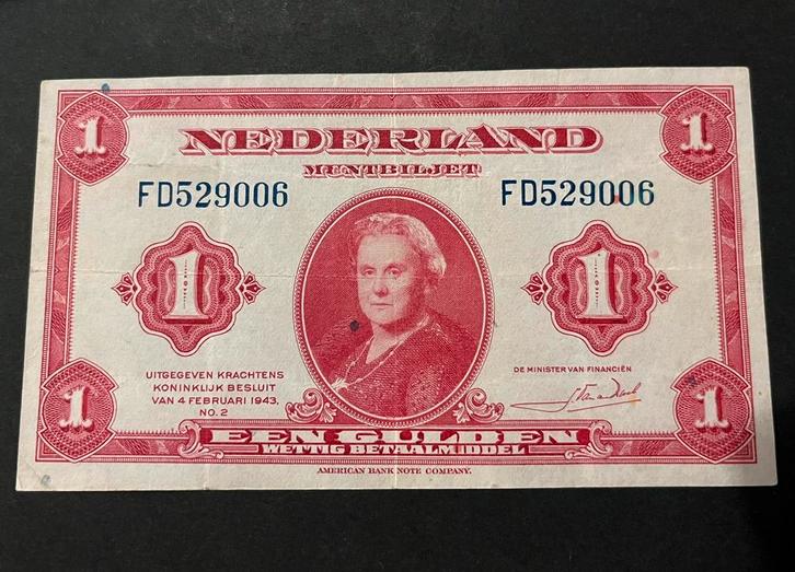 1 gulden Wilhelmina uit 1943, Postzegels en Munten, Bankbiljetten | Nederland, 5 gulden, Ophalen of Verzenden