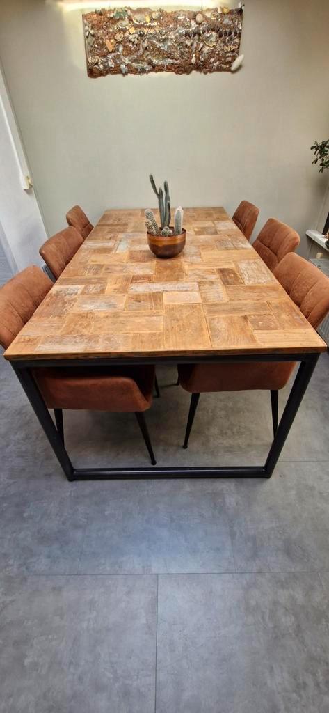 Eettafel 6 persoons - Hout & Metaal, Huis en Inrichting, Tafels | Eettafels, Zo goed als nieuw, 50 tot 100 cm, 200 cm of meer