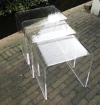 Vintage design plexiglas bijzettafeltjes set van drie, Ophalen, Minder dan 45 cm, Jaren 80, Zo goed als nieuw