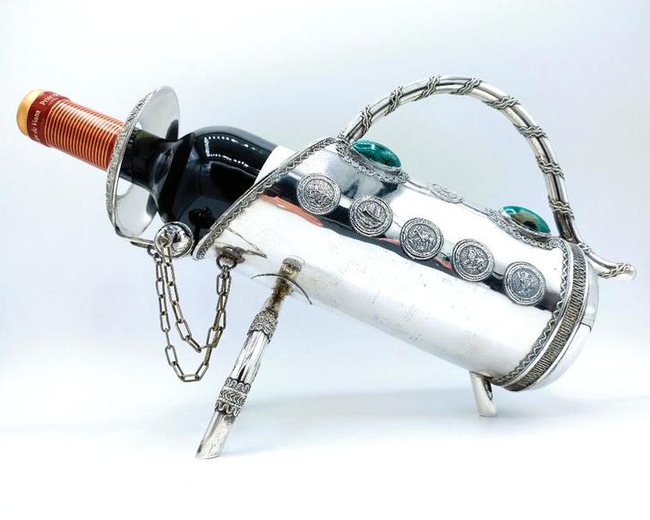 Zilveren wijnfleshouder met eilat stenen, Israël,, Antiek en Kunst, Antiek | Goud en Zilver, Zilver, Verzenden