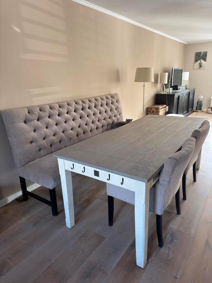 Riviera Maison eettafel met landelijke eetbank en stoelen, Huis en Inrichting, Tafels | Eettafels, Gebruikt, 50 tot 100 cm, 200 cm of meer