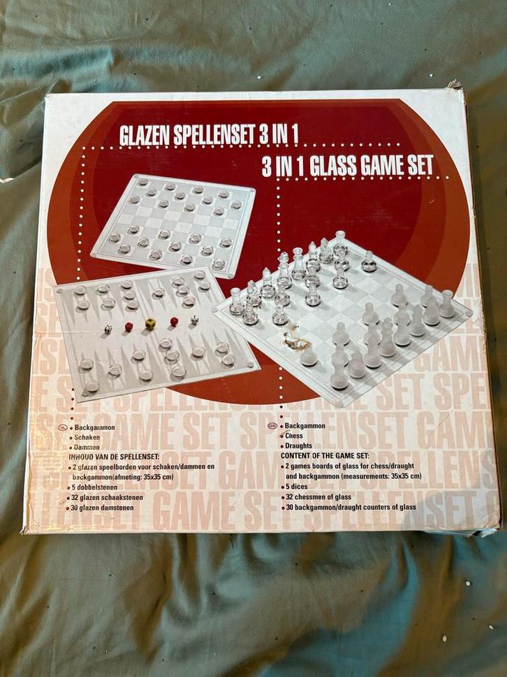 Glazen Schaakspel + Extra's, Hobby en Vrije tijd, Gezelschapsspellen | Bordspellen, Zo goed als nieuw, Een of twee spelers, Ophalen of Verzenden