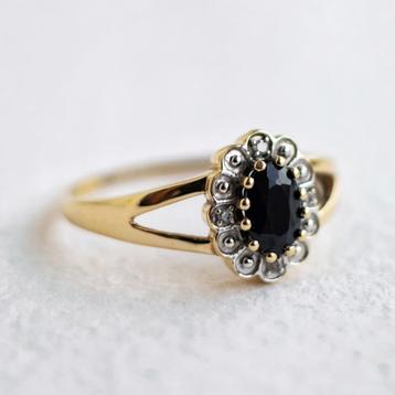 Vintage 9ct goud cluster ring met Saffier & Diamant - 17,5 beschikbaar voor biedingen