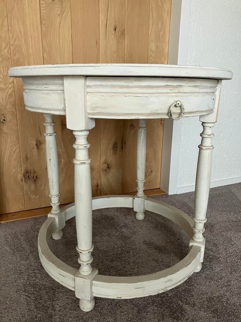 Brocante white wash bijzettafel 60x60 cm, Ophalen, 50 tot 100 cm, Rond, Zo goed als nieuw