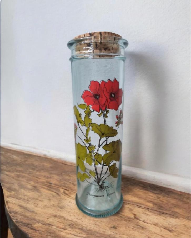 Vintage Voorraadpot Glas Bloemmotief '70, Huis en Inrichting, Woonaccessoires | Vazen, Zo goed als nieuw, Overige kleuren, Minder dan 50 cm