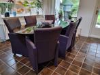 Glazen eettafel en 6 leren stoelen, Ophalen, Gebruikt, 100 tot 150 cm, 200 cm of meer
